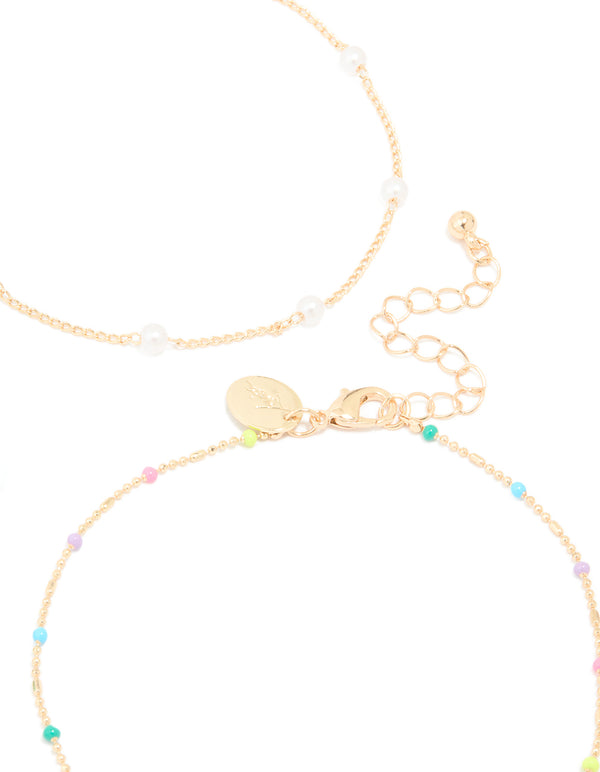 Gold Pastel Beaded & Pearl Flower Anklets 3-Pack