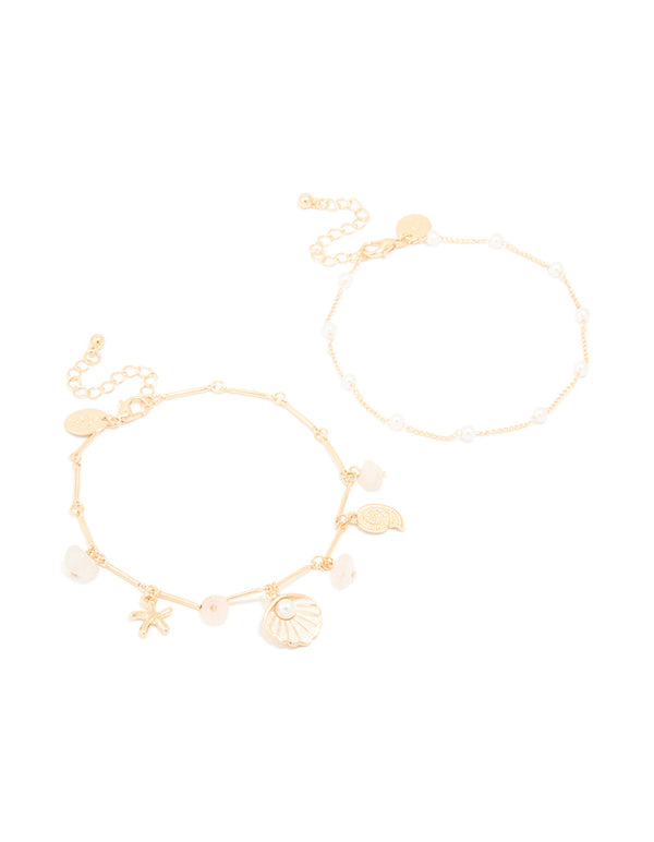 Gold Pearl & Shell Anklets 2-Pack