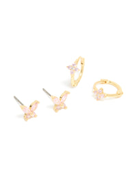 Gold Plated Pink Cubic Zirconia Butterfly Huggie & Stud Earrings 2-Pack - link has visual effect only