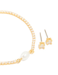 Gold Plated Cubic Zirconia & Pearl Tennis Bracelet & Earrings Set - link has visual effect only