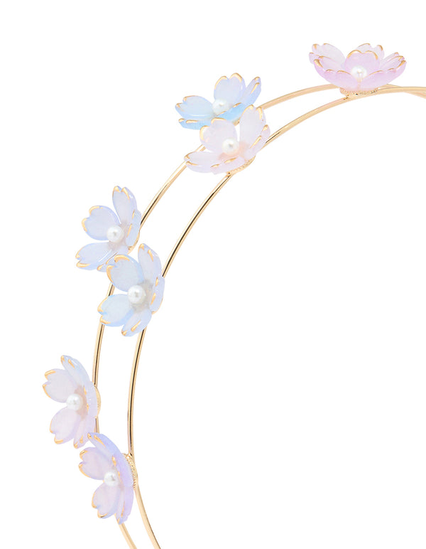 Gold Pearl Blue & Pink Small Flowers Headband