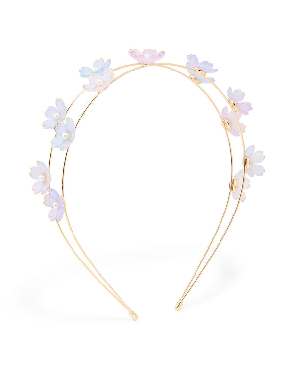 Gold Pearl Blue & Pink Small Flowers Headband