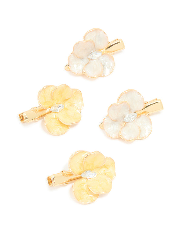 Gold Enamel Orchid Flower Hair Clips 4-Pack