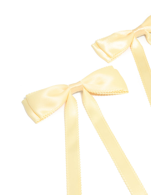 Butter Yellow Satin Fabric Scallop Bow Hair Clips 2-Pack