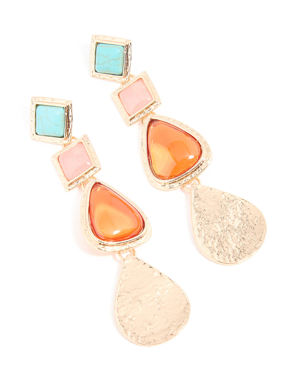 Gold Bright Stone Triangle Molten Drop Earrings