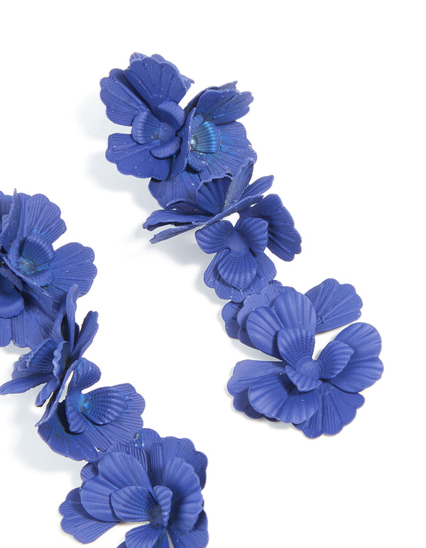 Blue Coated Metal Triple Floral Drop Earrings
