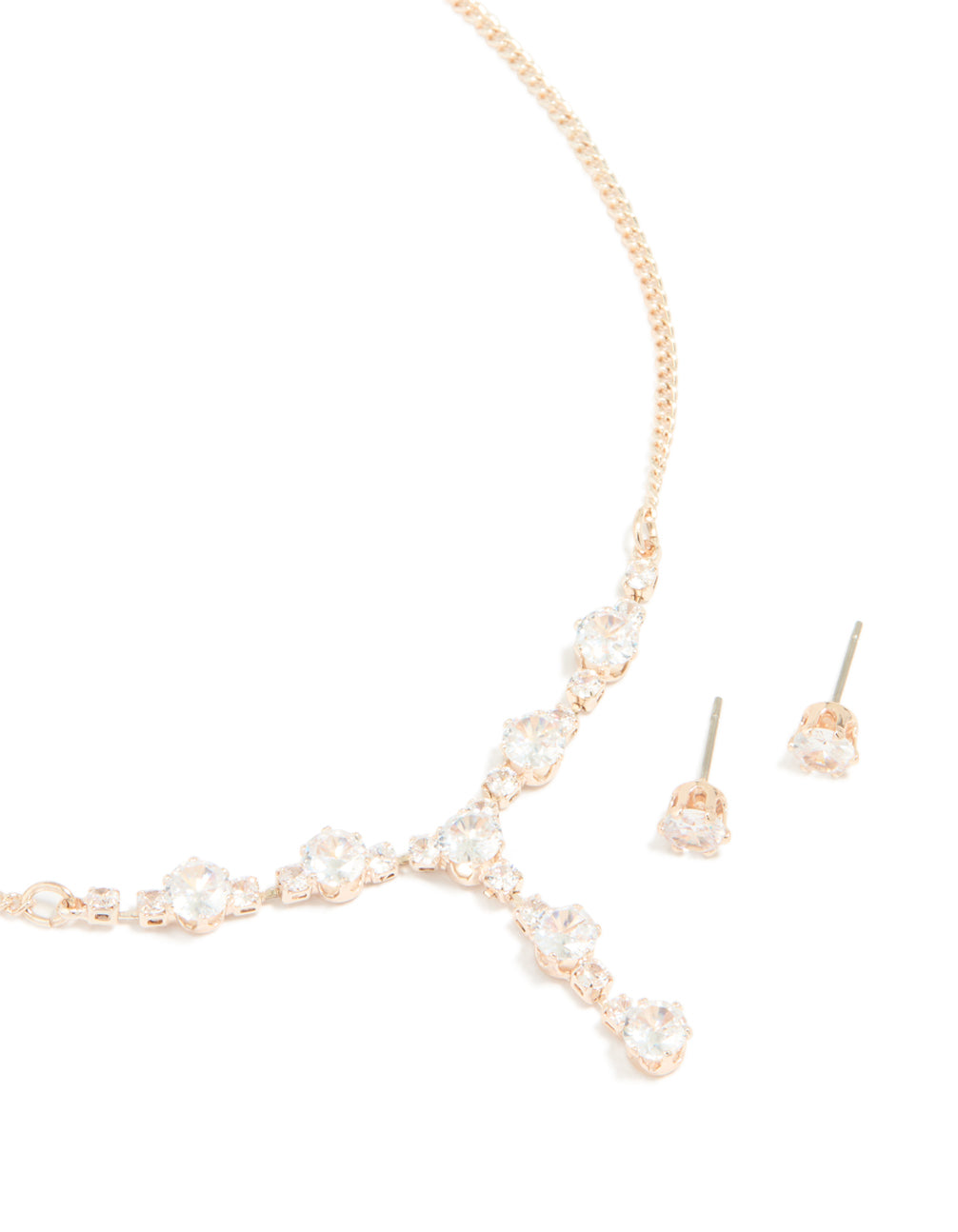 Rose Gold Plated Cubic Zirconia Y-Necklace & Stud Earrings Set