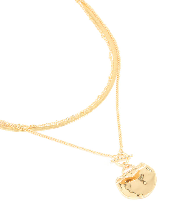 Gold Plated Chain & Hammered Circle Layered Necklace
