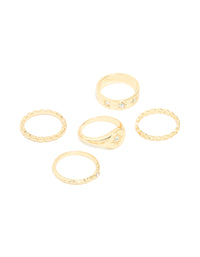 Gold Plated Star Stamped Signet & Textured Rings 5-Pack - link has visual effect only