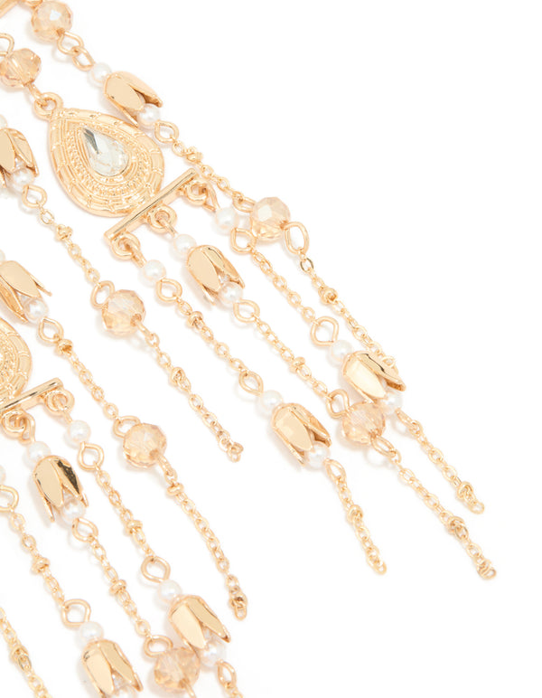 Gold Beads & Pearl Fringe Drop Earrings