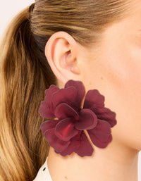 Red Coated Metal Textured Flower Large Stud Earrings - link has visual effect only