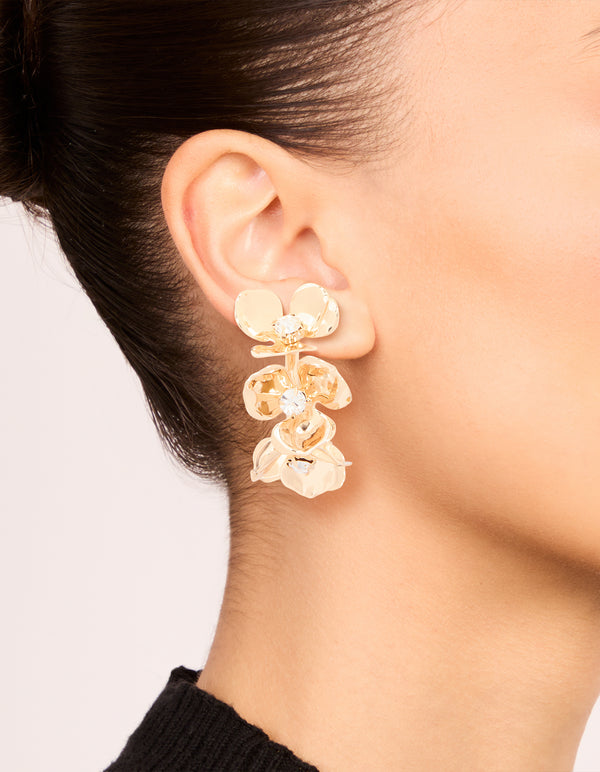 Gold Diamante Floral Hoop Earrings