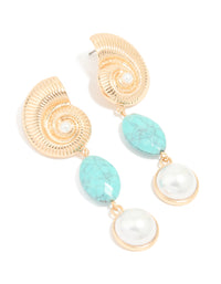 Gold Shell Aqua Stone Pearl Drop Earrings - link has visual effect only