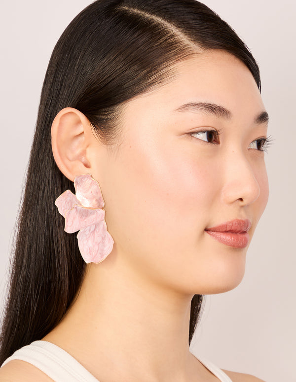 Gold Pink Enamel Organic Flower Stud Earrings