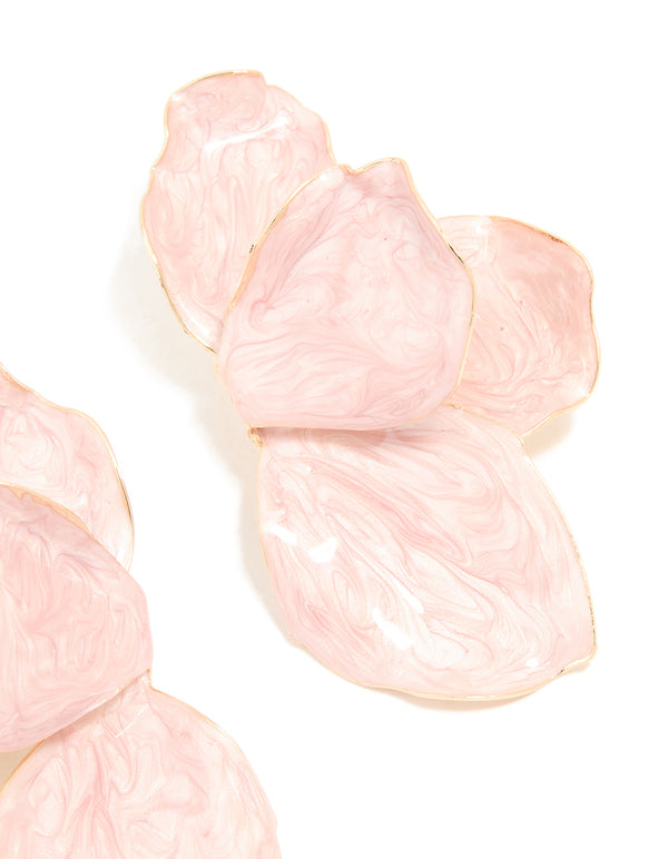 Gold Pink Enamel Organic Flower Stud Earrings