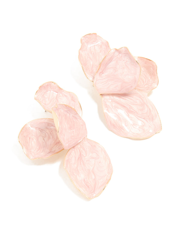 Gold Pink Enamel Organic Flower Stud Earrings