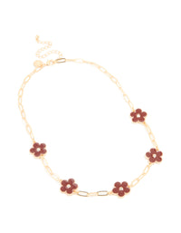 Gold Red Diamante Flower Link Necklace - link has visual effect only