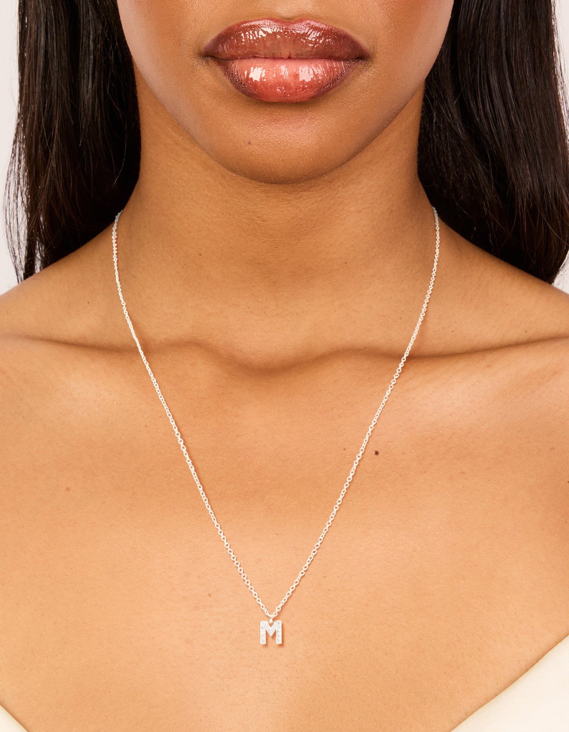 Silver Plated Brass Cubic Zirconia Letter M Necklace