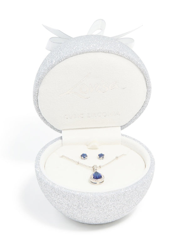 Silver Sapphire Cubic Zirconia Teardrop Pendant Necklace & Earrings Set