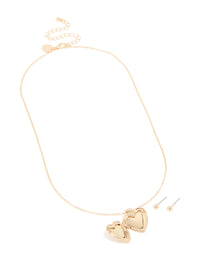 Gold Heart Locket Earring & Necklace Jewellery Set - link has visual effect only