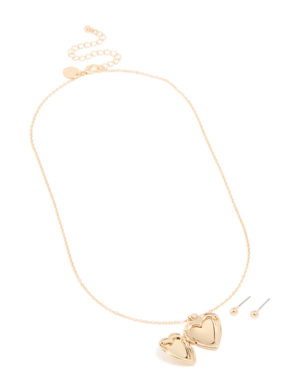 Gold Heart Locket Earring & Necklace Jewellery Set