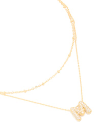 Gold Plated Cubic Zirconia Pave Bubble Letter M Layered Necklace - link has visual effect only