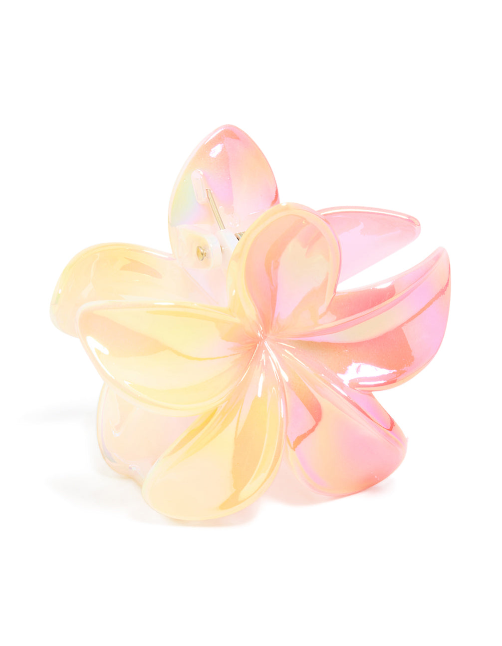 Featuring an iridescent pink frangipani flower claw clip with in light yellow, peachpuff, and lavender blush tones front view