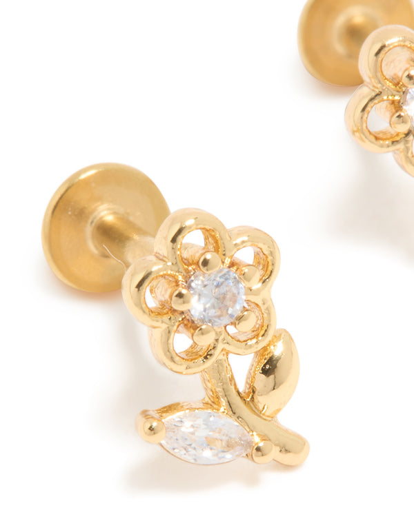 Gold Plated Surgical Steel Cubic Zirconia Flower Stem Flat Back Studs
