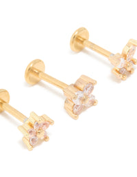 Gold Plated Surgical Steel Cubic Zirconia Floral Flat Back Studs 3-Pack - link has visual effect only