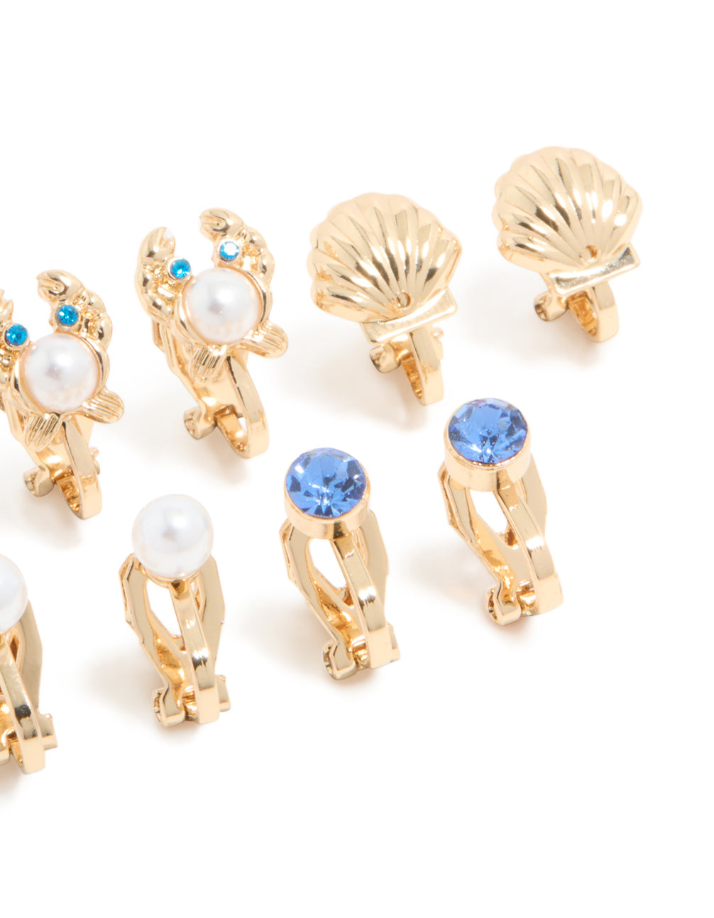 Kids Gold Shell & Crab Clip On Earrings 5-Pack