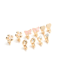 Kids Gold Pink Butterfly & Pearl Centre Flower Clip On Earrings 5-Pack - link has visual effect only