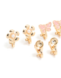 Kids Gold Pink Butterfly & Pearl Centre Flower Clip On Earrings 5-Pack - link has visual effect only