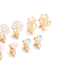 Kids Gold Pink Flower & Cat Outline Clip On Earrings 5-Pack - link has visual effect only