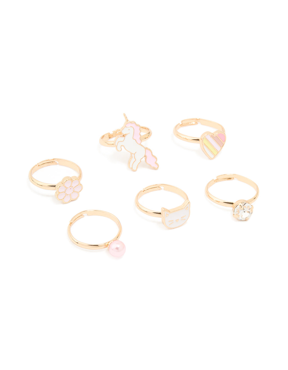 Kids Gold Cat & Unicorn Rings 6-Pack