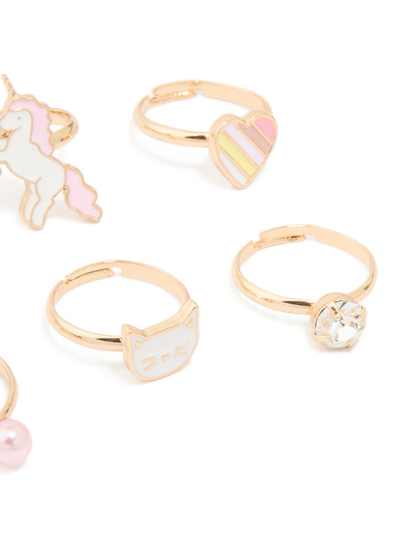 Kids Gold Cat & Unicorn Rings 6-Pack