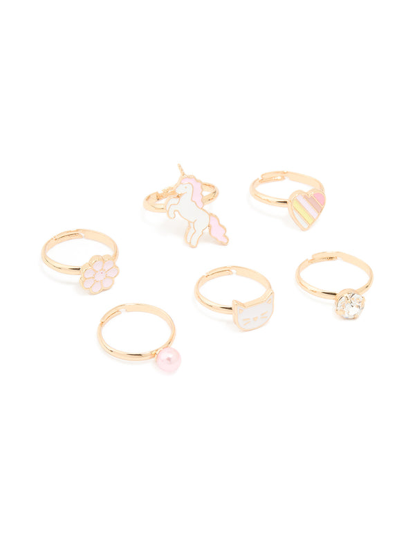 Kids Gold Cat & Unicorn Rings 6-Pack