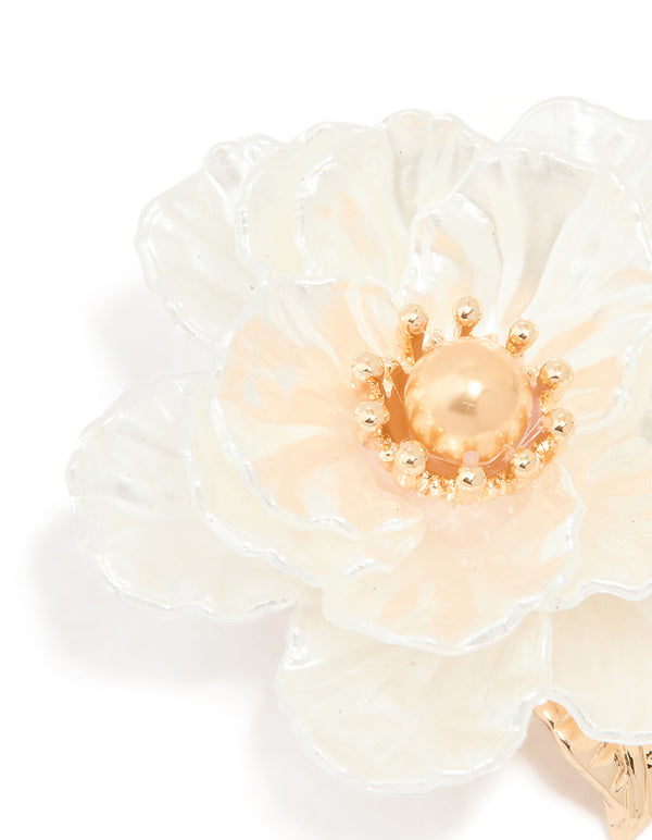 Gold Acrylic White Flower Brooch