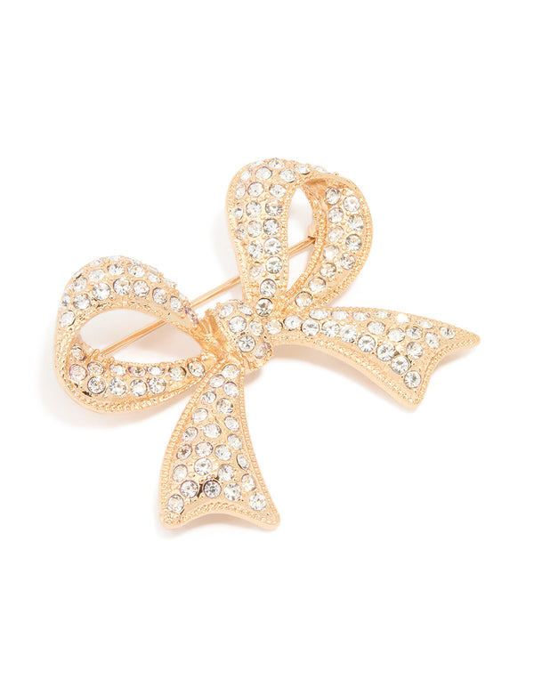 Gold Diamante Cluster Bow Brooch