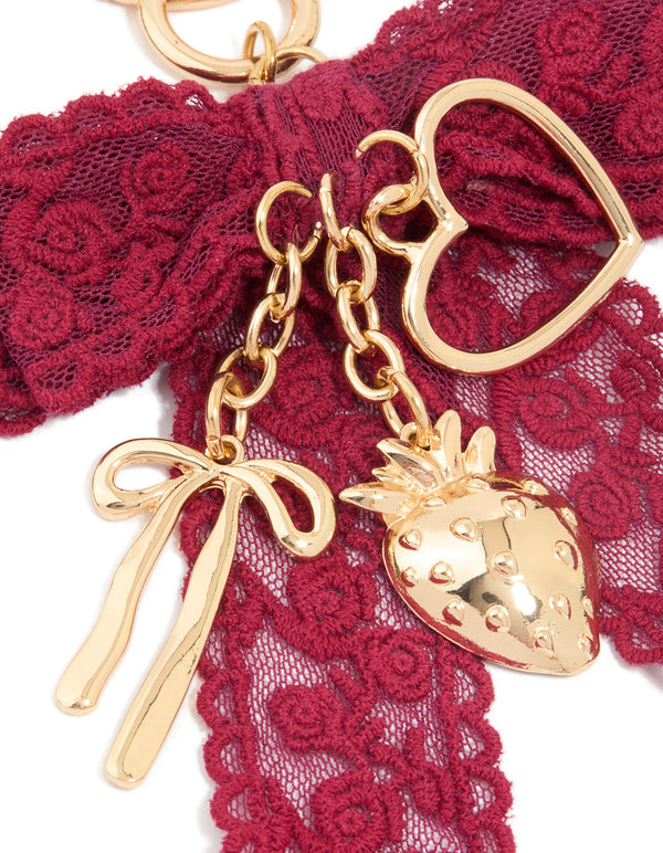 Red Lace Fabric Bow & Hearts Key Chain