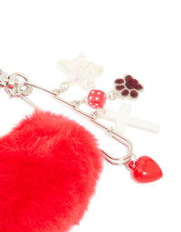 White & Rainbow Rope Red Fluffy Heart Key Chain - link has visual effect only