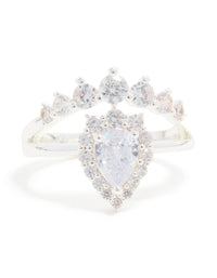 Silver Plated Cubic Zirconia Pear & Crown Layered Ring - link has visual effect only