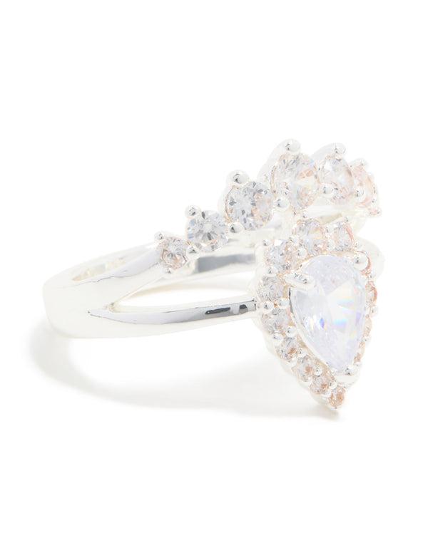 Silver Plated Cubic Zirconia Pear & Crown Layered Ring