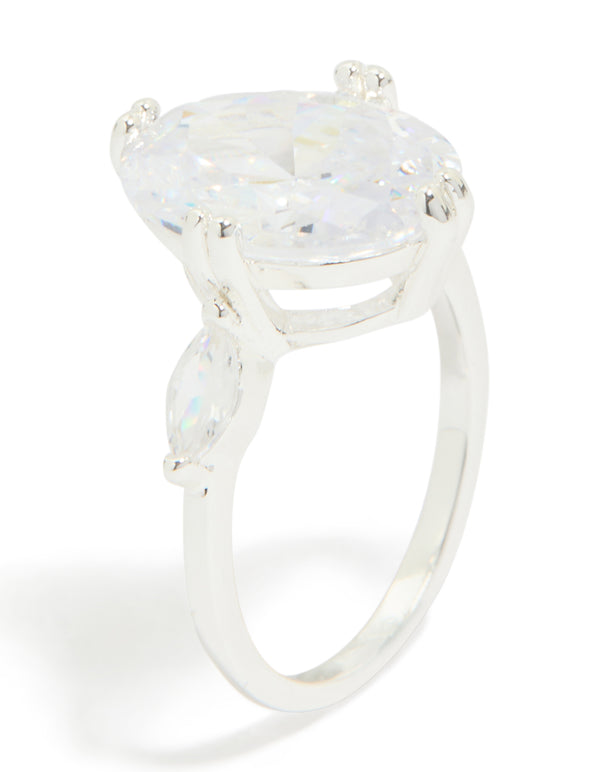 Silver Plated Cubic Zirconia Large Oval Statement Ring