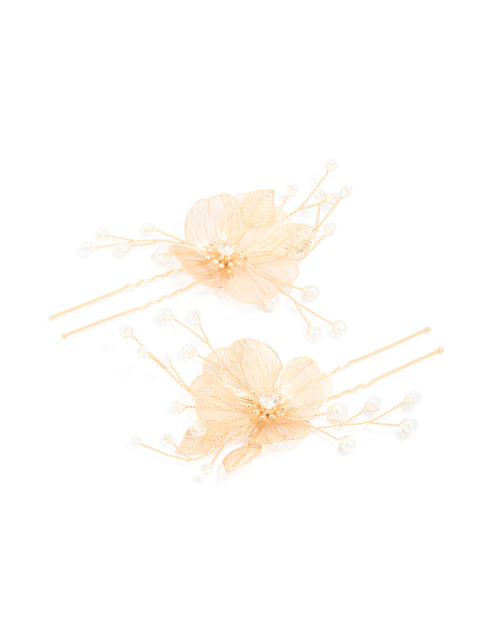 Gold Pearl Large Laser Cut Flower Hair Pins 2-Pack