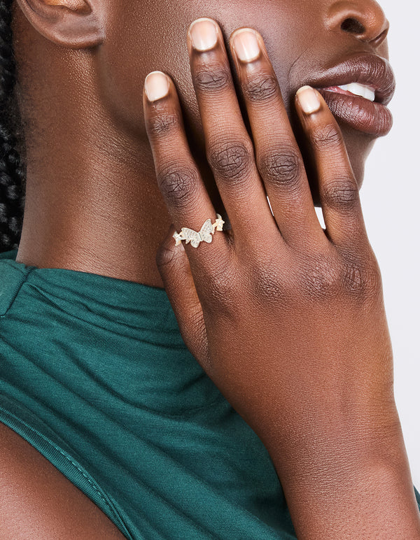 Silver Plated Cubic Zirconia Dainty Butterfly & Leaf Ring