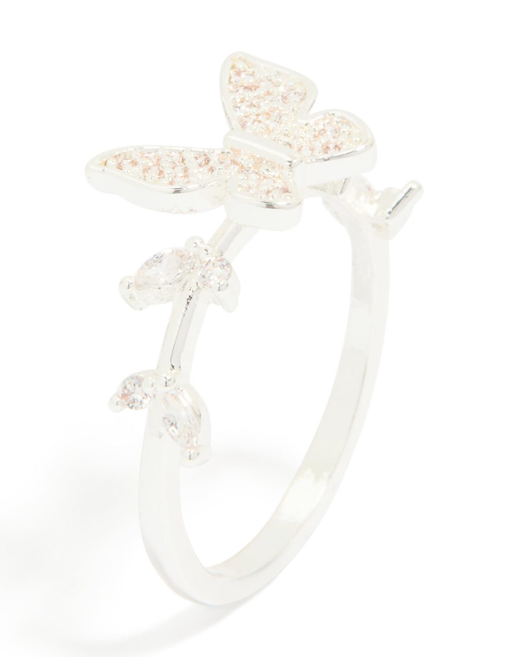 Silver Plated Cubic Zirconia Dainty Butterfly & Leaf Ring