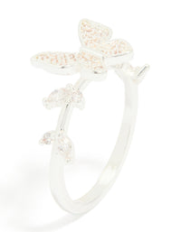 Silver Plated Cubic Zirconia Dainty Butterfly & Leaf Ring - link has visual effect only