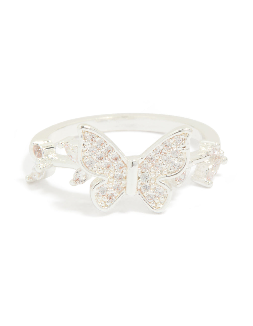 Silver Plated Cubic Zirconia Dainty Butterfly & Leaf Ring