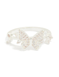 Silver Plated Cubic Zirconia Dainty Butterfly & Leaf Ring - link has visual effect only