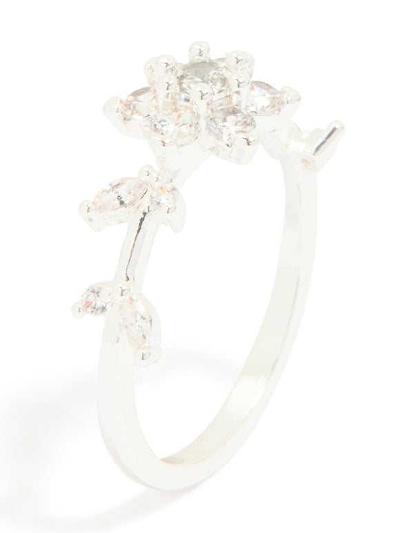 Silver Plated Cubic Zirconia Dainty Flower Ring